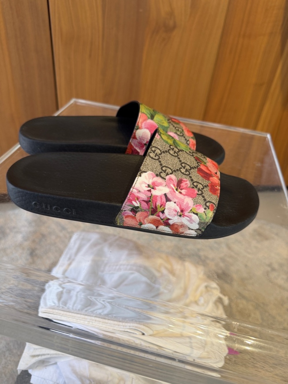 Gucci Floral Monogram Slide Sandals in Black with Pink and Green Accents - Picture 8 of 12